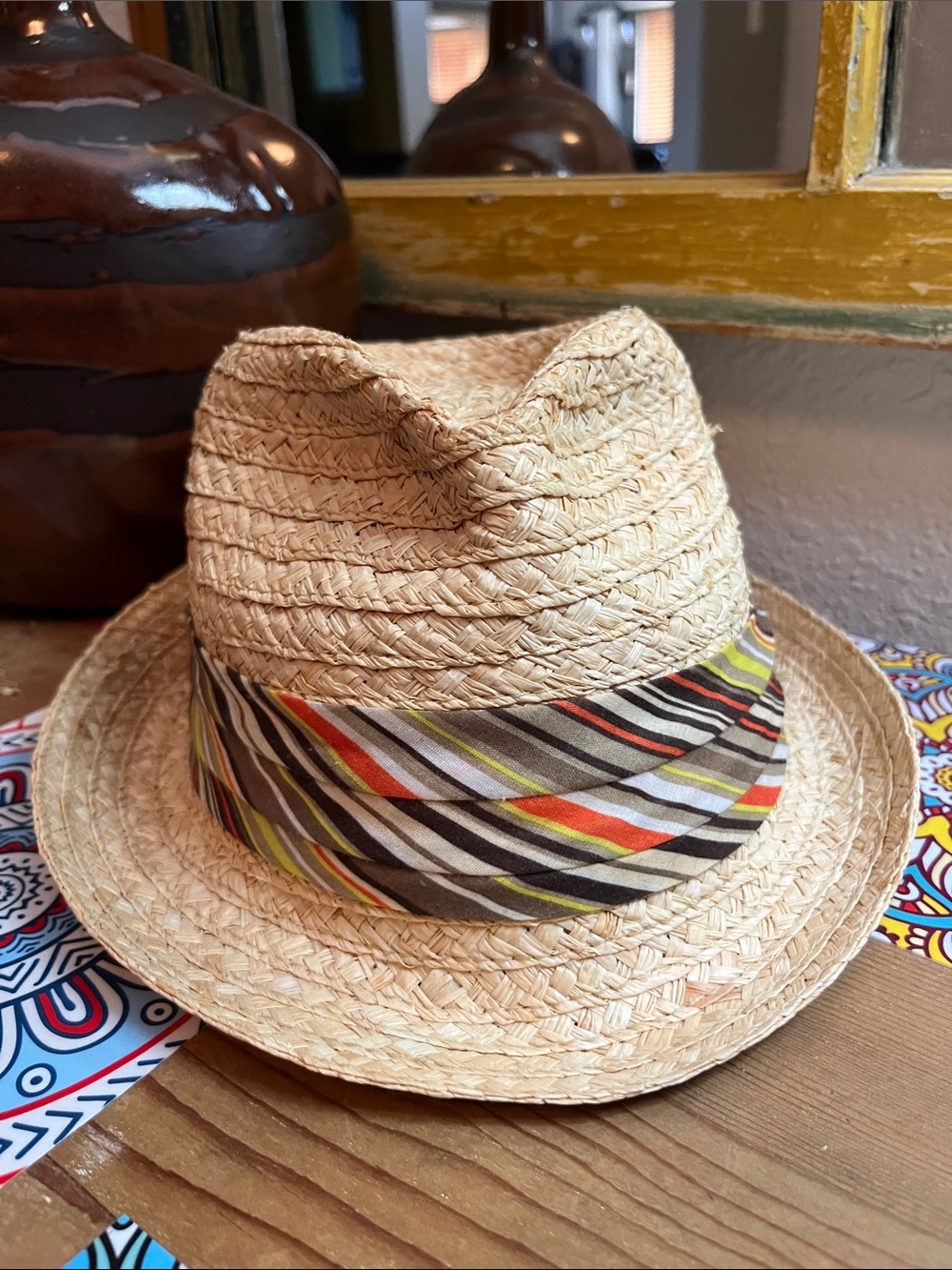 Tommy Bahama Tan Straw Fedora with Multicolor Striped Band NEW Sz M